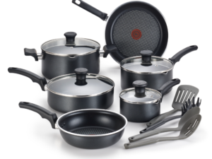 T-fal Cook & Strain Nonstick Cookware Set, 14 piece Set, Black