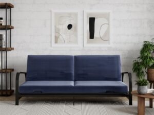 Mainstays Metal Arm Futon, Black Metal Frame with Blue Mattress