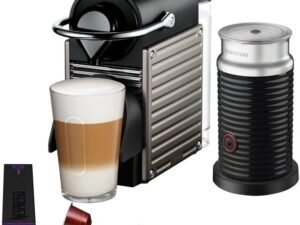 Breville Nespresso Pixie Single-Serve Espresso Machine in Electric Titanium and Aeroccino Milk Frother in Black