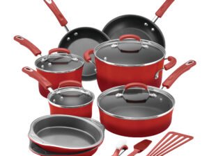 Rachael Ray 15-Piece Classic Brights Nonstick Pots and Pans/Cookware Set, Red Gradient