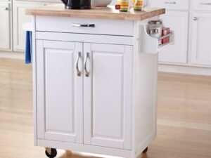Mainstays Kitchen Cart with Drawer, Spice Rack, Towel Bar, Butcher Block Top, White