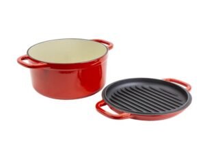 Lodge 7 Quart Red Enameled Cast Iron Double Dutch Oven With Grill Lid