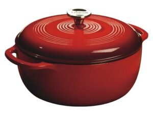 Lodge 6 Quart Red Enameled Cast Iron Dutch Oven With Stainless Steel Knob and Loop Handles