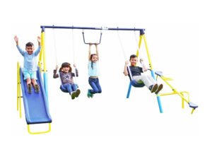 Sportspower Outdoor Super First Metal Swing Set with Trapeze, Teeter-Totter, and 6ft Heavy Duty Slide