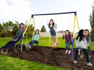 Sportspower Palmview Swing Set with Teeter-Totter, Standing Swing, and 5ft Heavy Duty Slide