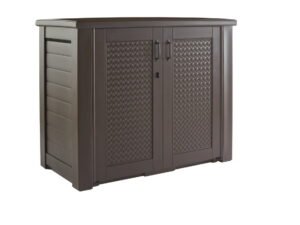 Rubbermaid Patio Chic Outdoor Resin Storage Cabinet, 123 Gallons, Dark Teak