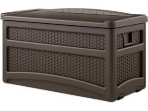 Suncast 73 Gallon Outdoor Resin Wicker Deck Storage Box with Seat, Java Brown