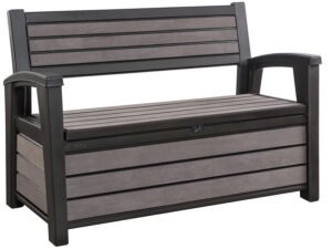 Keter Hudson Outdoor Backyard Patio Storage Bench 60 Gallon Plastic Deck Box, Brown