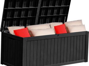 YITAHOME 150 Gallon Large Outdoor Storage Deck Box for Patio Furniture, Outdoor Cushions, Garden Tools, Sports Equipment and Pool Supplies with Flexible Divider, Waterproof, Resin, Lockable (Black)