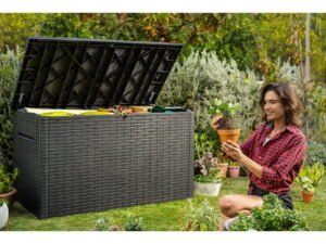 Keter Java Extra Large Rattan Style 230 Gallon Plastic, Resin and Wicker Deck Box, Espresso Brown