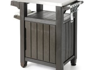 Keter Unity 40 Gal Patio Storage Grilling Bar Cart w/Stainless Steel Top, Brown