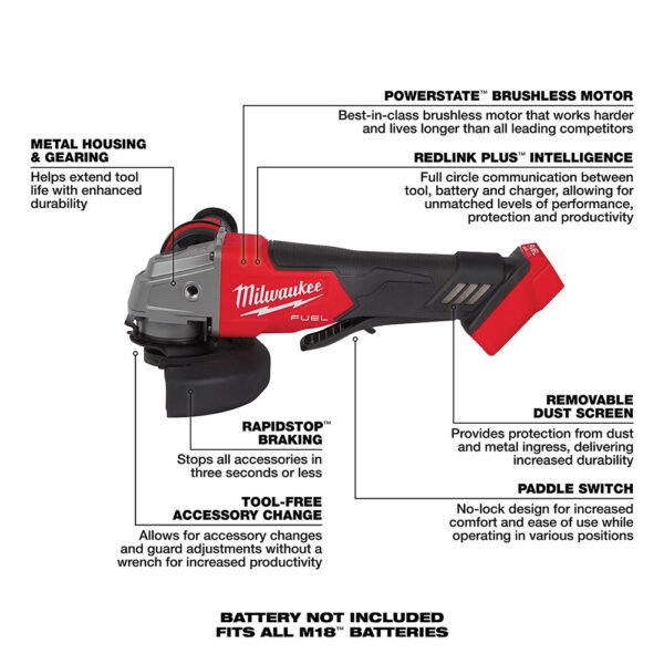 Milwaukee 2880-20 M18 FUEL 4-1/2" / 5" Grinder Paddle Switch No-Lock - Bare Tool - Image 7